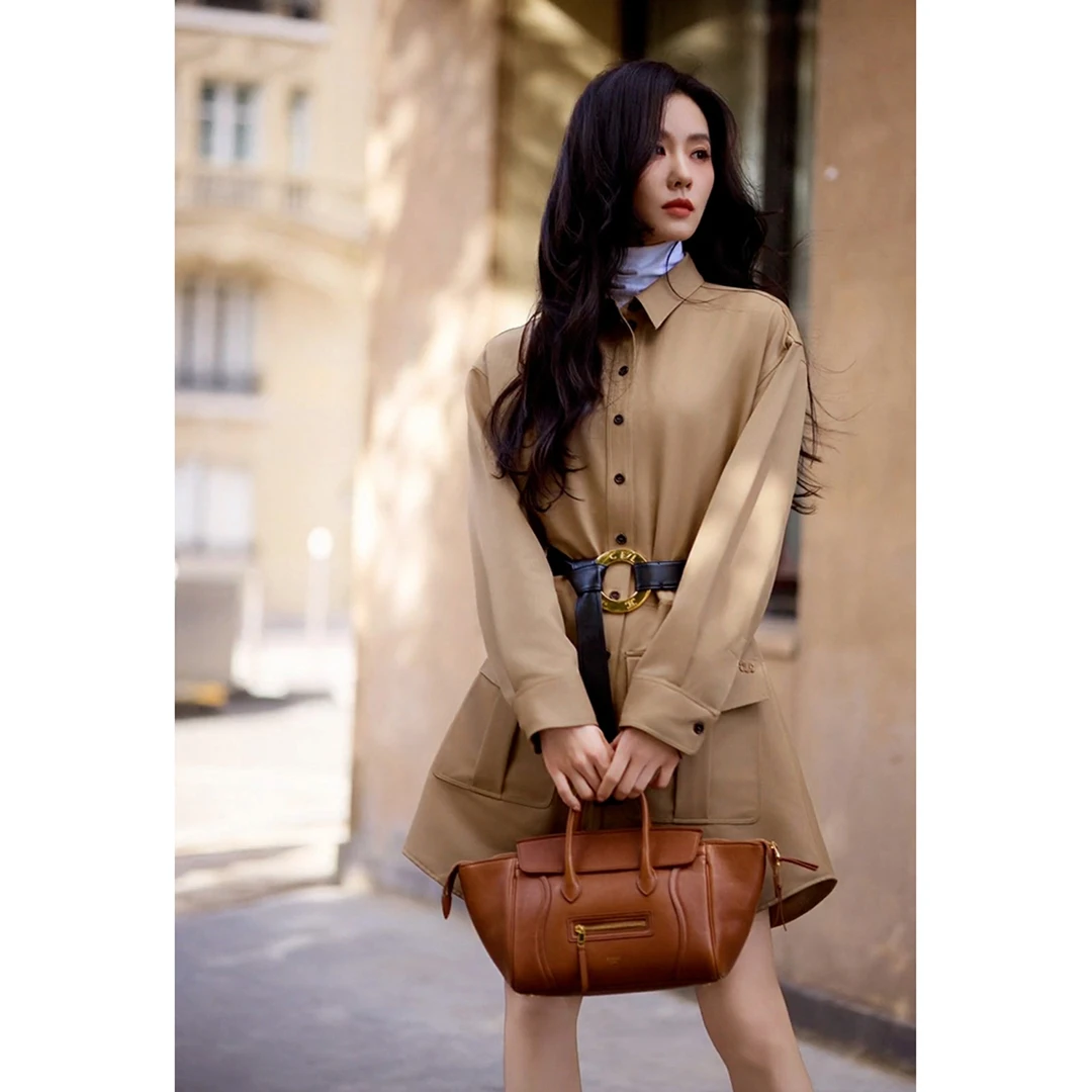 秋季新款流行英伦老钱风卡其色翻领风衣女中长款收腰显瘦通勤外套
