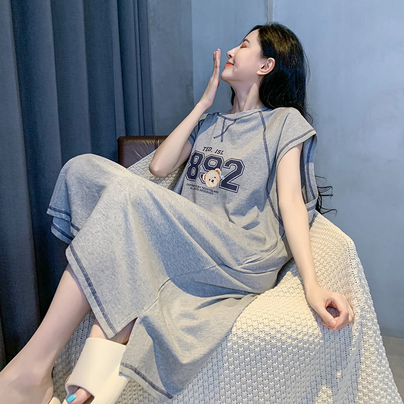 带胸垫无袖背心睡裙女夏季纯棉宽松大码中长款可外穿家居服睡裙