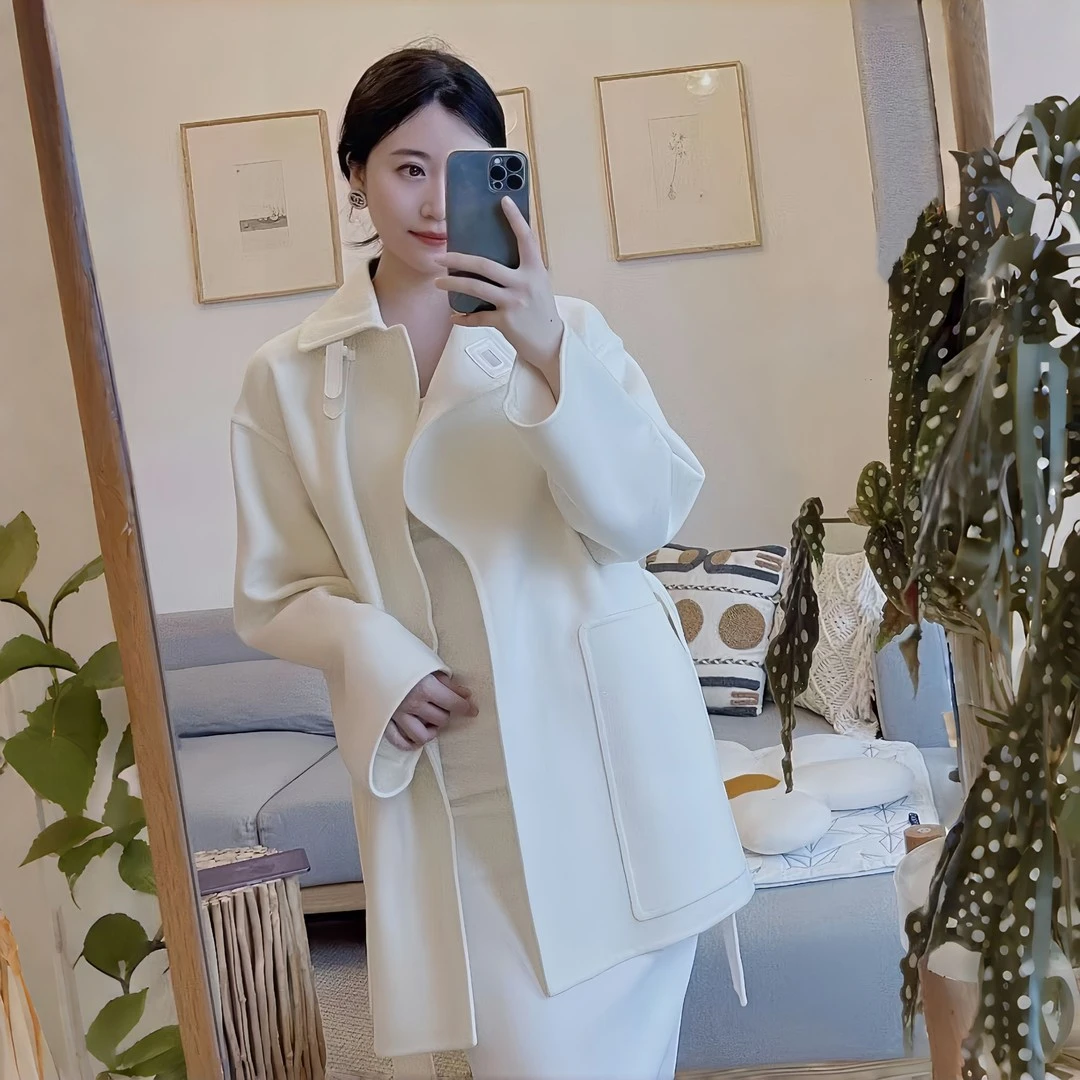 轻熟优雅风休闲毛呢外套女2025秋冬新款呢子大衣白色收腰长袖上衣