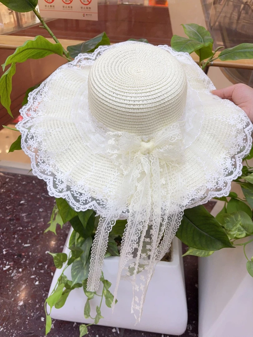 2025蕾丝帽子蝴蝶结草帽沙滩帽百搭防晒帽遮阳帽夏季小清新太阳帽