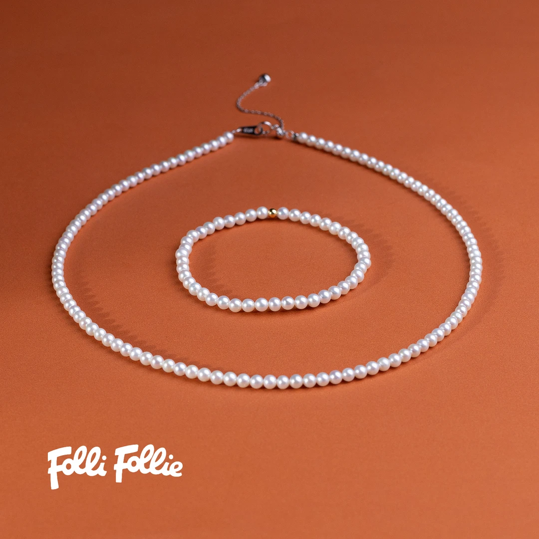 FolliFollie淡水珍珠套装S925银镶嵌项链+18K金球镶嵌手链3-4mm