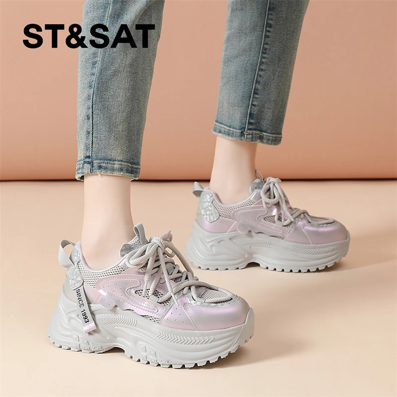 星期六时尚休闲老爹鞋女2025秋季拼色复古运动鞋透气不闷脚网面鞋