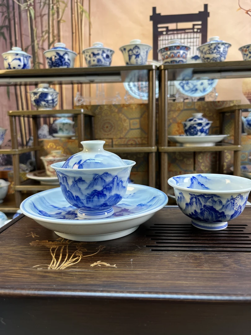 景德镇陶瓷重工满绘纯手工青花山水三件套