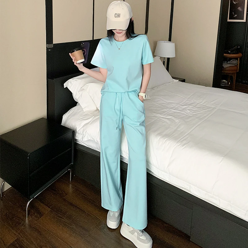欧货高级穿搭休闲运动套装女夏季洋气蓝色短袖T恤阔腿裤两件套潮