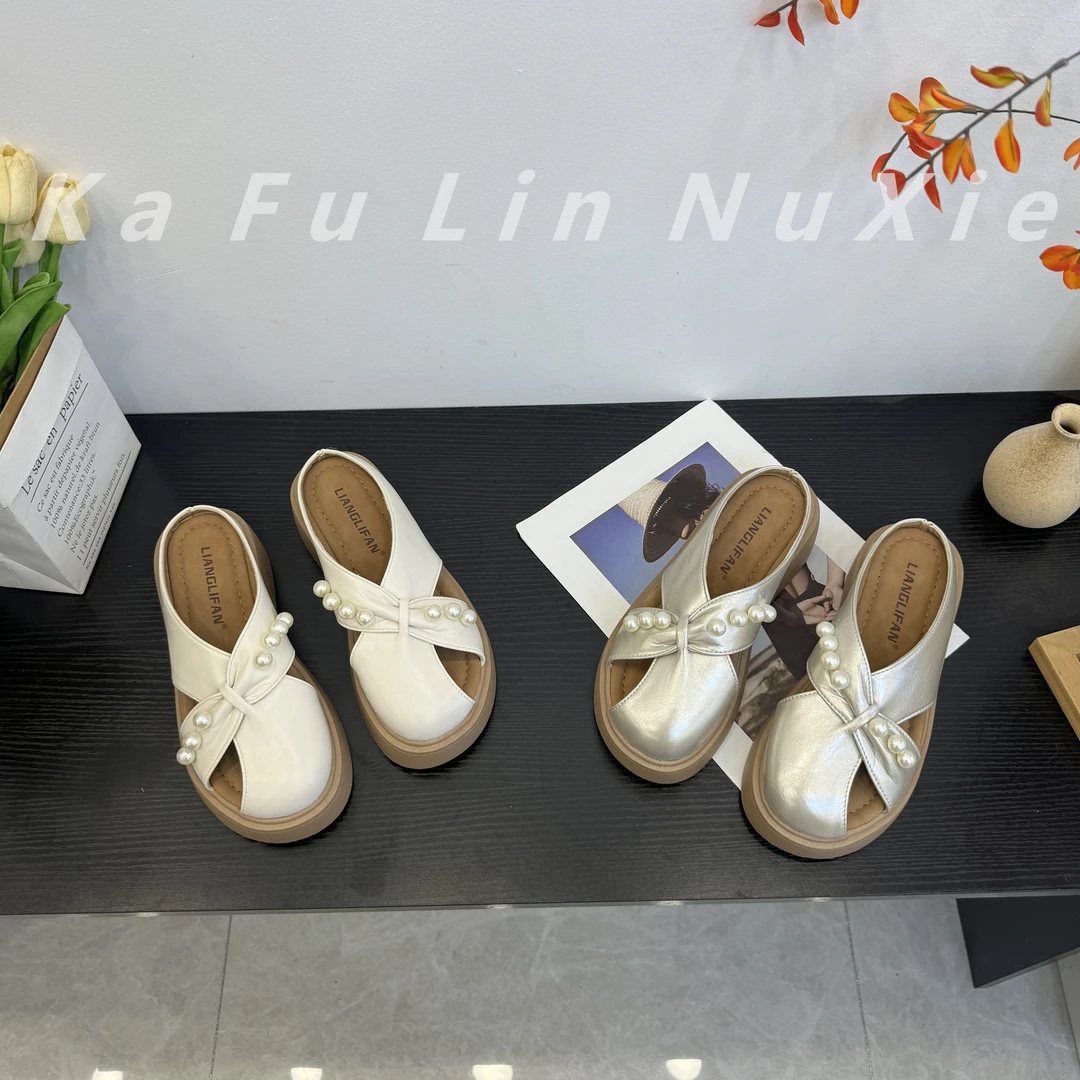 【卡芙琳shoes】包头半拖鞋女夏季珍珠厚底设计感一脚蹬懒人半托鞋