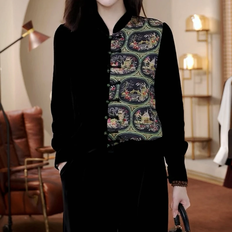 别致设计感长袖衬衫女2025早秋新款新中式印花拼接百搭显瘦上衣潮