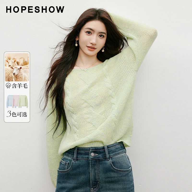 红袖2025秋季新款女装 复古绞花落肩一字领套头针织衫90125060107