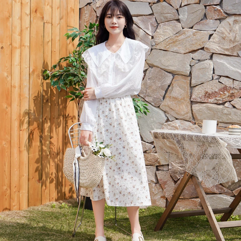 简约甜美田园小清新高腰显瘦印花裙子春夏小众设计浮雕印花半裙