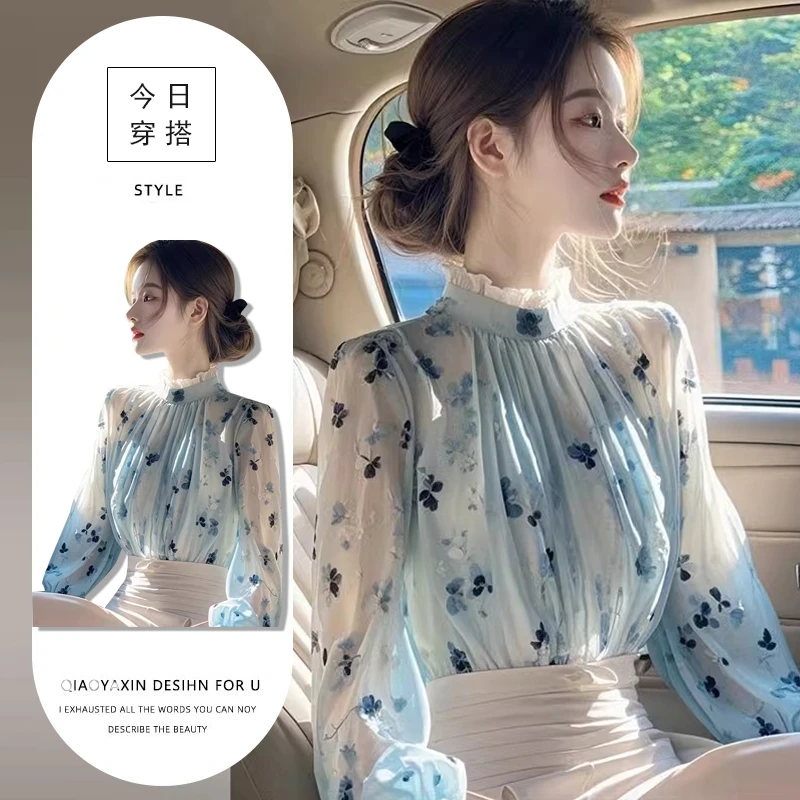 2025春夏新款设计感别致木耳边显瘦衬衫女法式洋气减龄碎花衬衣潮