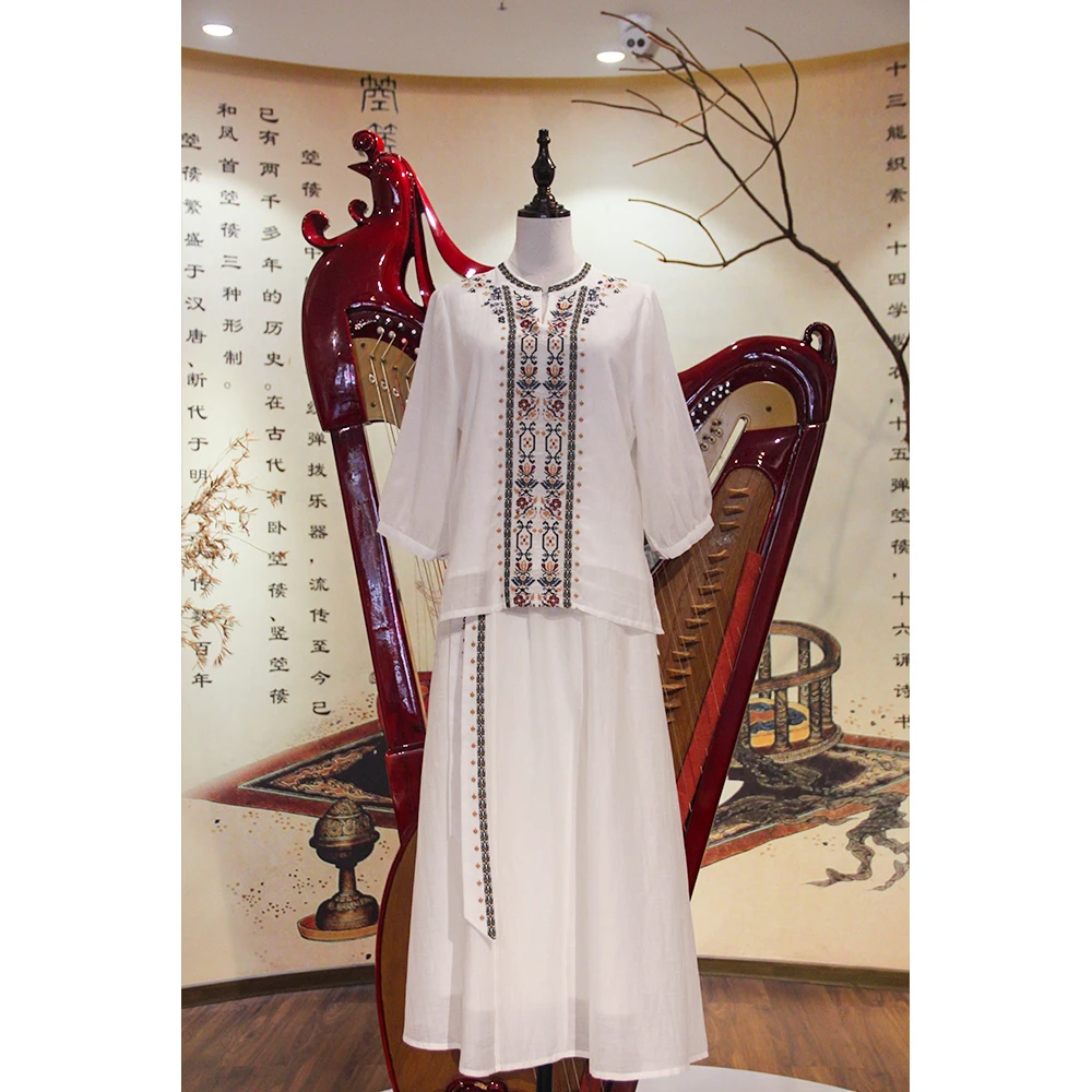 【墨月白】春季白色精致刺绣波西米亚风百搭气质显瘦长款套装