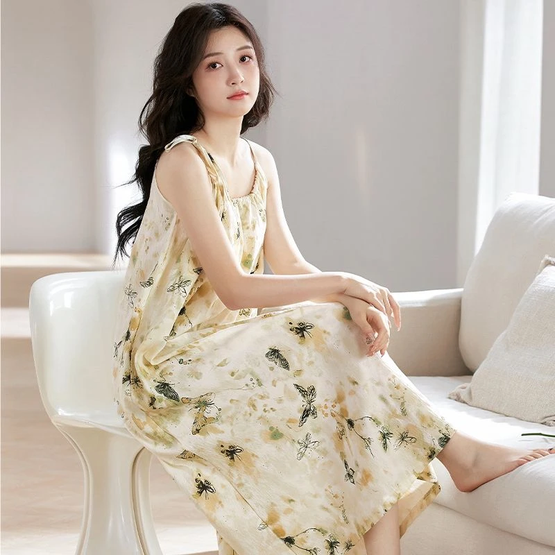 带胸垫睡衣女士棉质夏季吊带睡裙简约时尚家居服连衣裙2025年新款