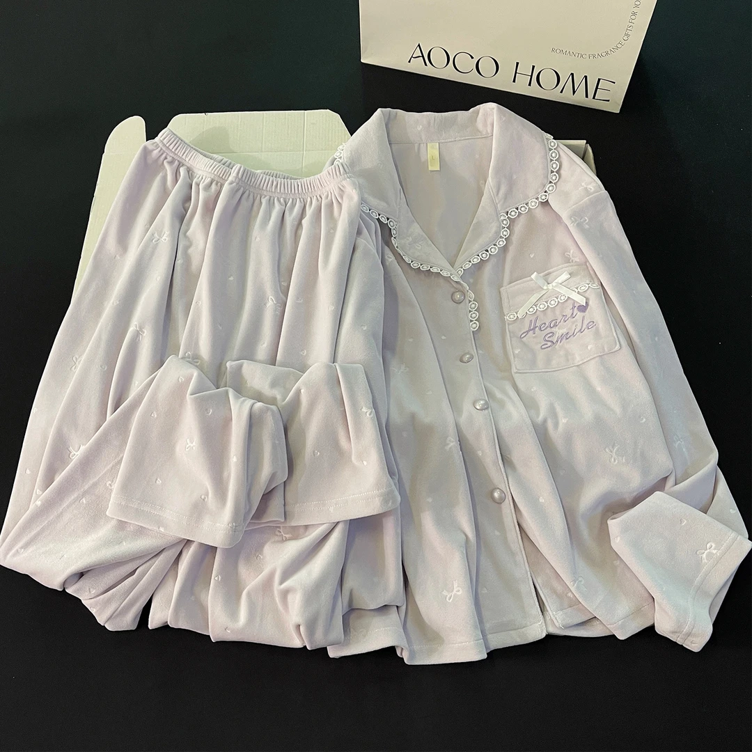 海岛绒睡衣女冬季紫色蝴蝶结开衫韩系休闲长袖加厚保暖家居服套装