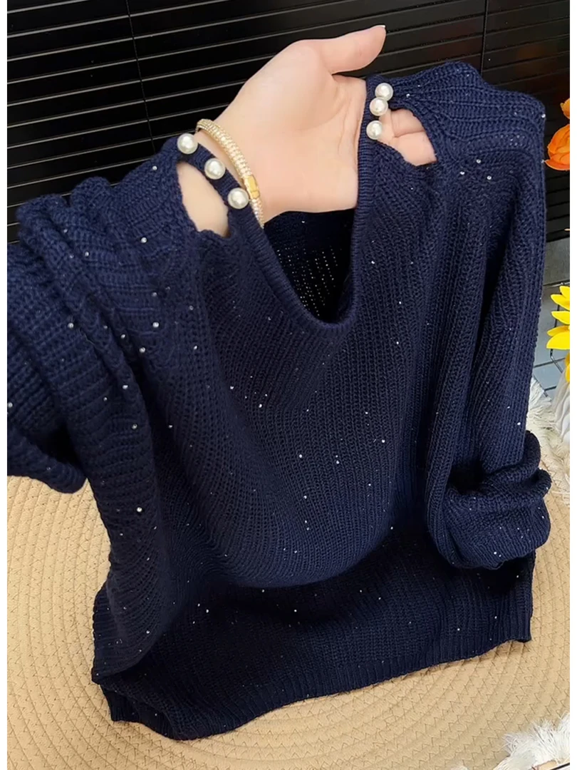 韩系镂空亮片蓝色针织衫毛衣女上衣2025秋新款长袖套头松弛慵懒风