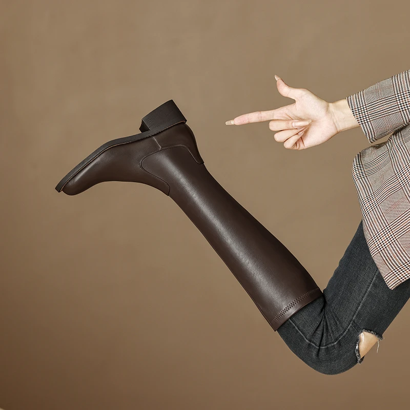 VICEN FIFI4.5cm/圆头侧拉链骑士靴女不过膝长筒靴粗跟显瘦弹力靴