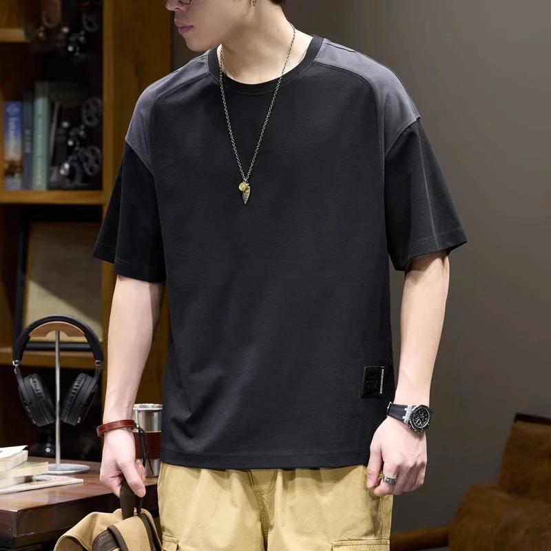 LEIGHZ/雷茨设计感短袖t恤男士宽松圆领上衣夏季凉感天丝体恤衫