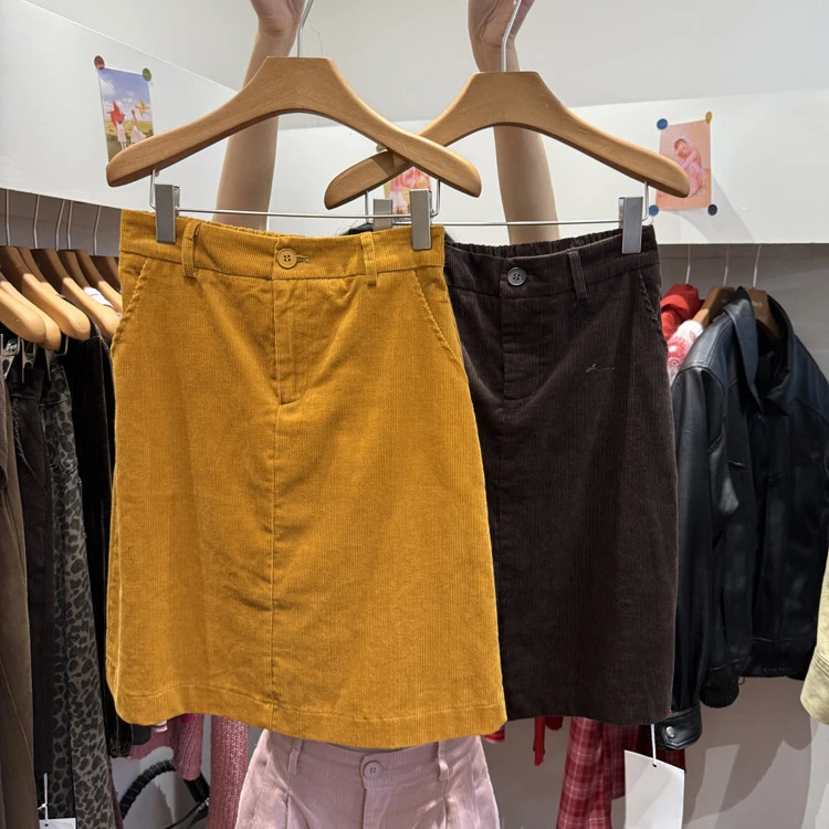 韩版2025年早秋新款十三行复古淑女灯芯绒后腰松紧中长款半身裙女