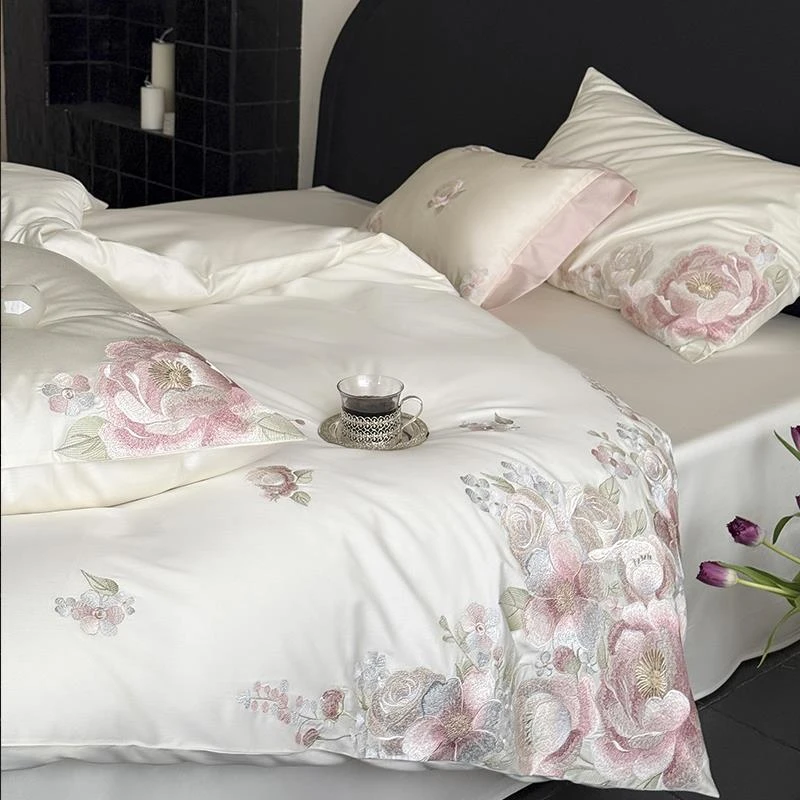 轻奢少女心花卉刺绣100支长绒棉四件套纯棉全棉被套床上用品