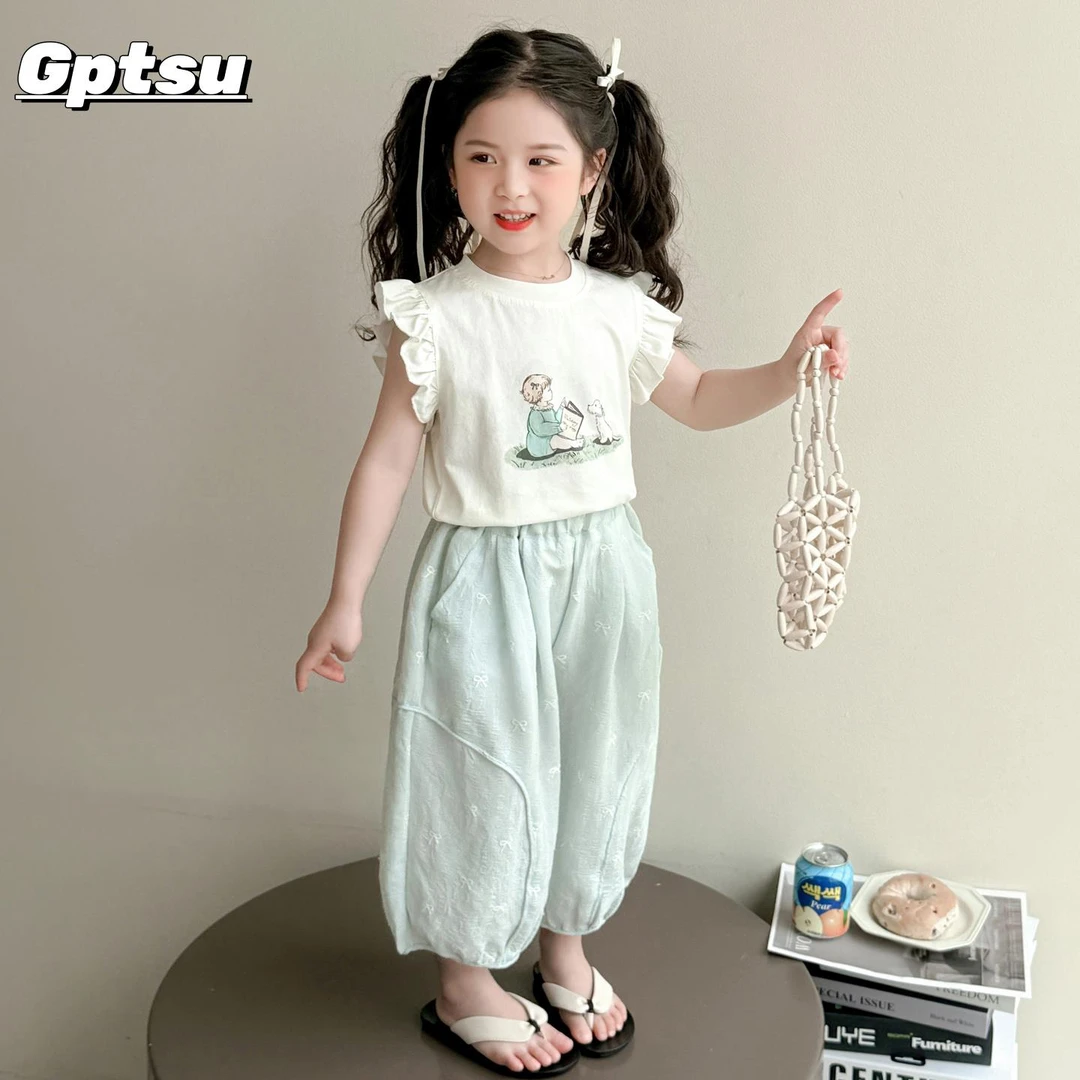 GPTSu女童短袖套装儿童韩系卡通短袖灯笼裤子女宝宝洋气装两件套