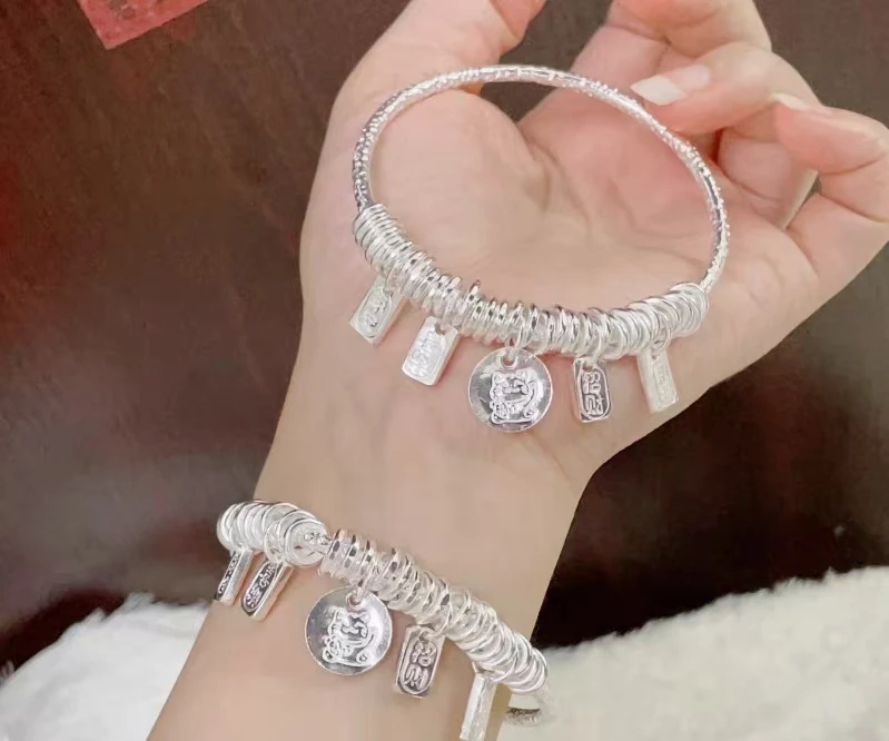足银手镯 9999盘缠招财猫闭口银饰手镯