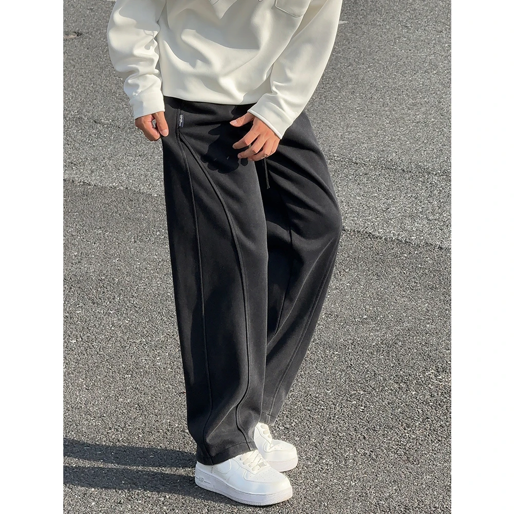 水洗灰做旧阔腿加绒卫裤男裤子垂坠感运动裤男直筒男裤休闲弯刀裤