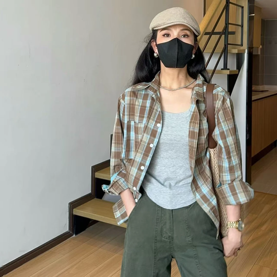 小个子美式复古格子长袖衬衫早秋设计感高级感慵懒风衬衣外套