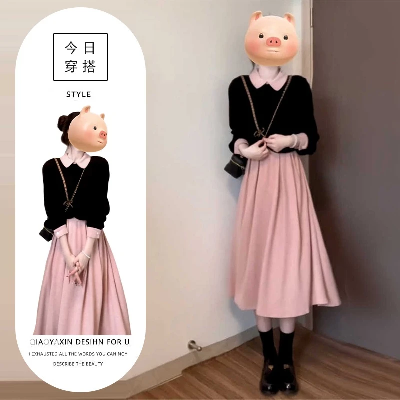 粉色连衣裙子女秋季2025新款韩系穿搭小香富家千金高级感套装长裙