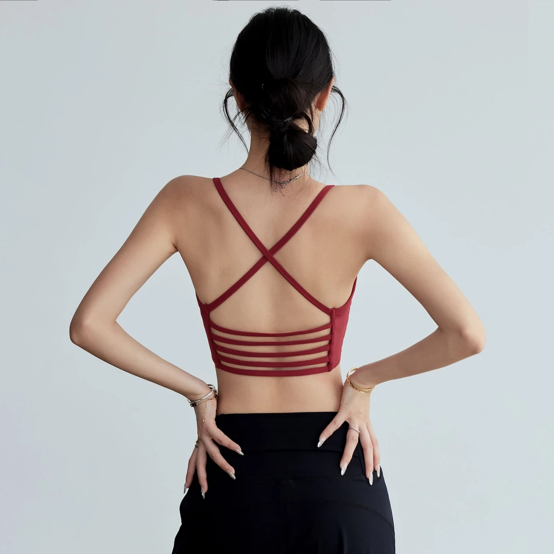 岚纹交叉美背运动内衣女性感一体式细带瑜伽背心防震聚拢健身文胸