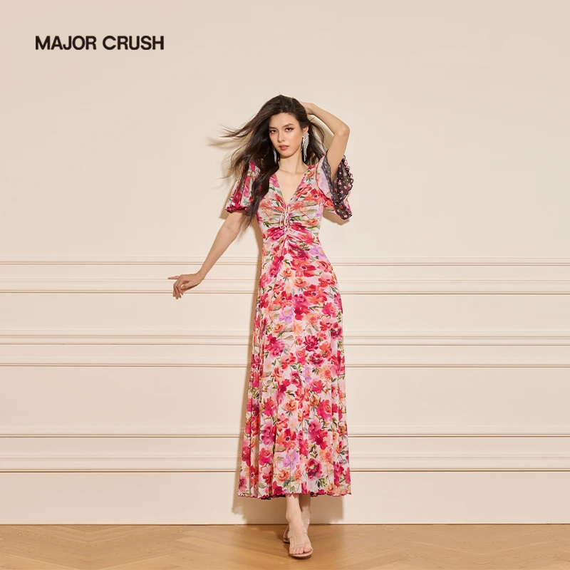 MAJOR CRUSH新款盛夏晚风印花裙法式蝴蝶袖气质显瘦连衣裙7262