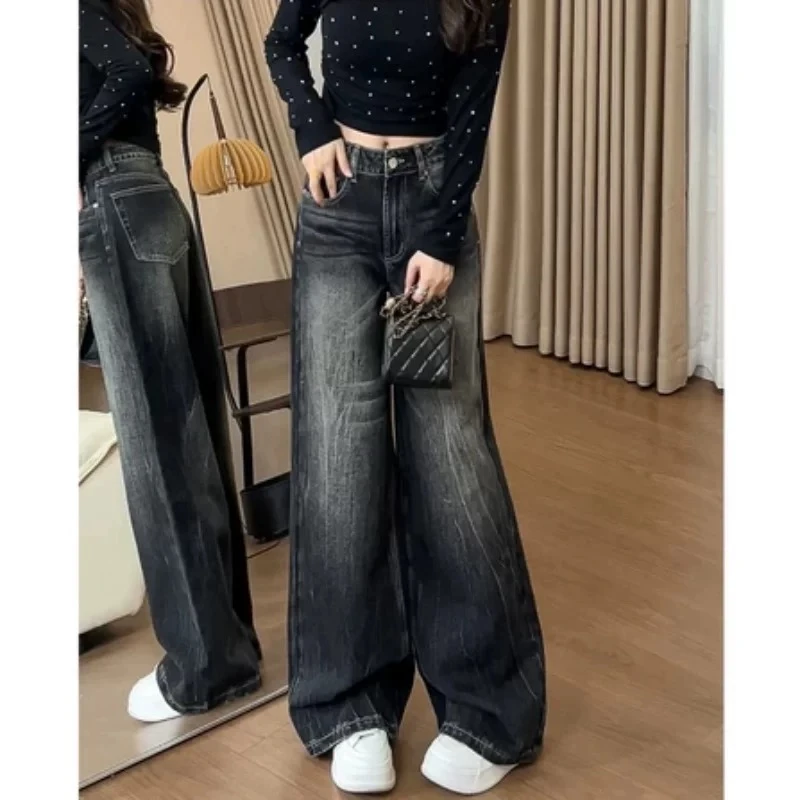 简约窄版直筒牛仔裤秋冬新款大码女装高腰宽松显瘦洋气百搭九分裤