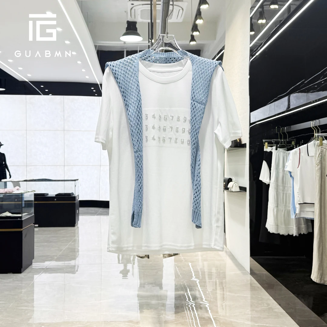 GUABMN2025夏季新款钉珠数字配披肩时尚短袖百搭T恤5116夏日穿搭
