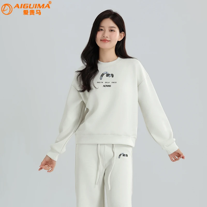 爱贵马秋冬新品空气层女装圆领长袖印花短款修身卫衣卫裤套装