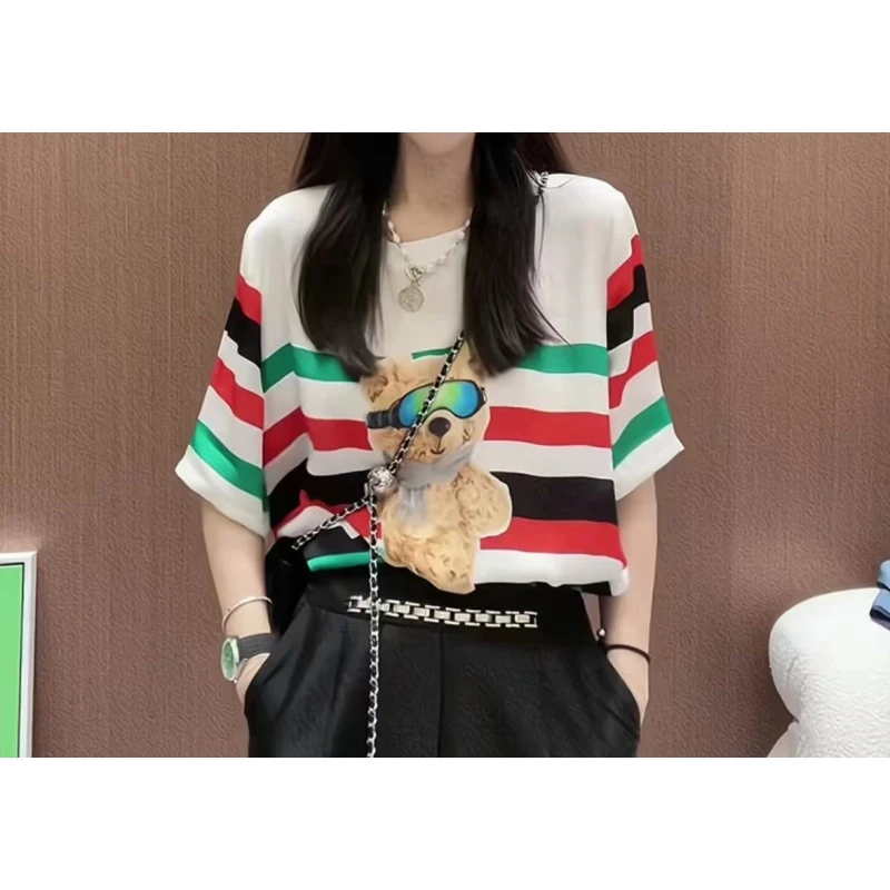婷婷专享2024年新款初夏气质宽松撞色小熊上衣6617