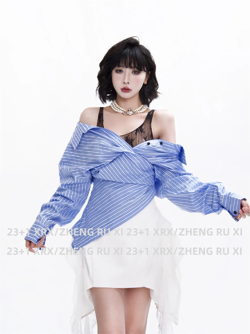付新博女装拼接蕾丝不规则衬衫女小众设计露肩辣妹长袖衬衣13625