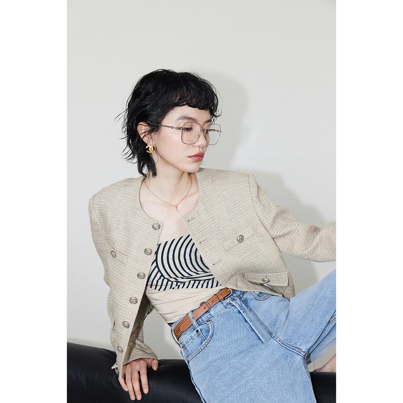 开间/意大利进口混彩金线编织复古提花条纹棉麻 新CE风小香短外套