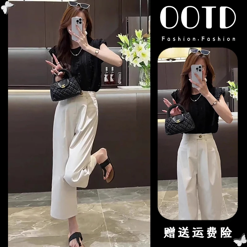 夏季搭配一整套甜美小香风褶皱花边微透韩系上衣木耳边小衫九分裤
