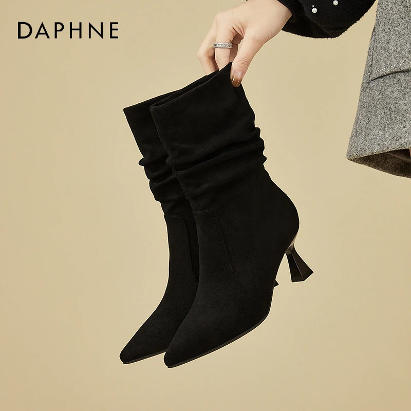 达芙妮细跟高跟堆堆靴女2025新款秋冬绒面尖头短靴弹力时装瘦瘦靴