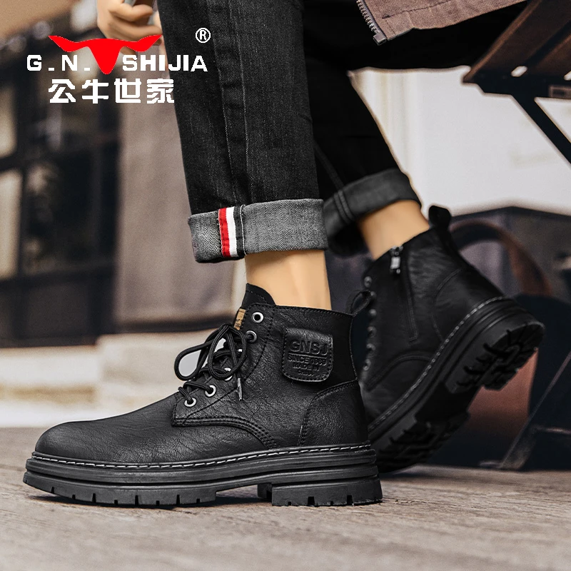 公牛世家马丁靴男鞋春季复古工装厚底高帮潮流时尚增高百搭潮鞋男