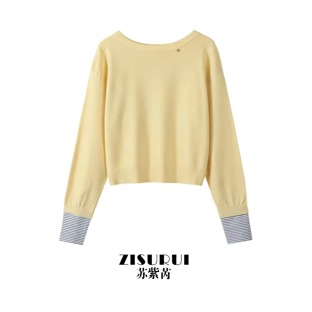 时髦慵懒高级感衬衫袖假两件针织衫女2025春新款小众露肩收腰上衣