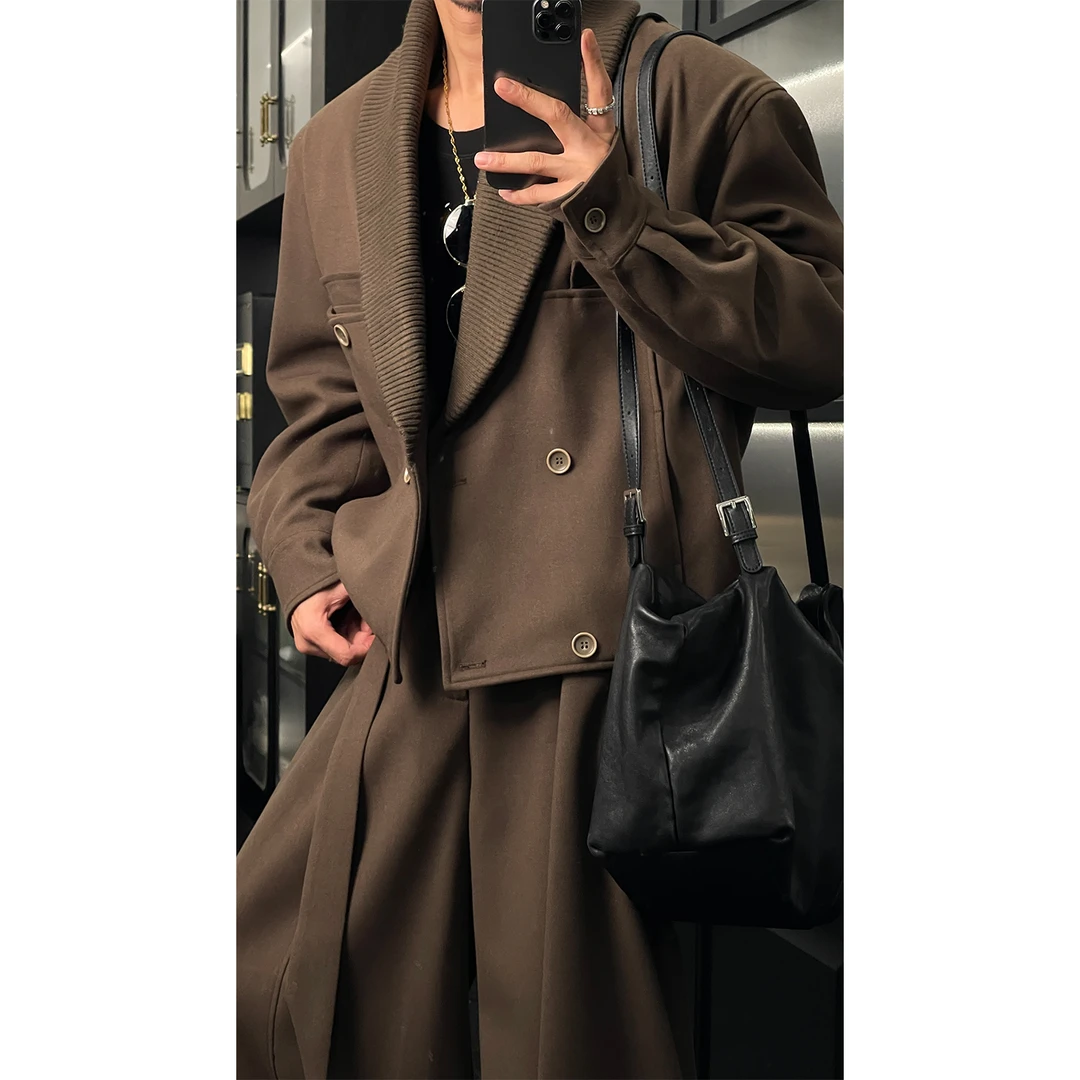 龙叨叨秋冬新品设计感老钱风拼接针织宽松西装外套休闲直筒长裤男