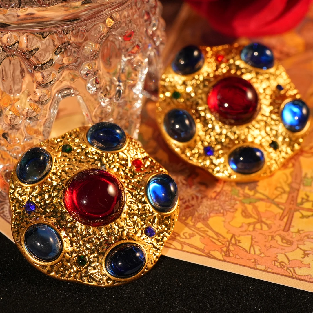 铜合金耳饰 【1695】耳钉 复古彩色镶嵌宫廷风中古