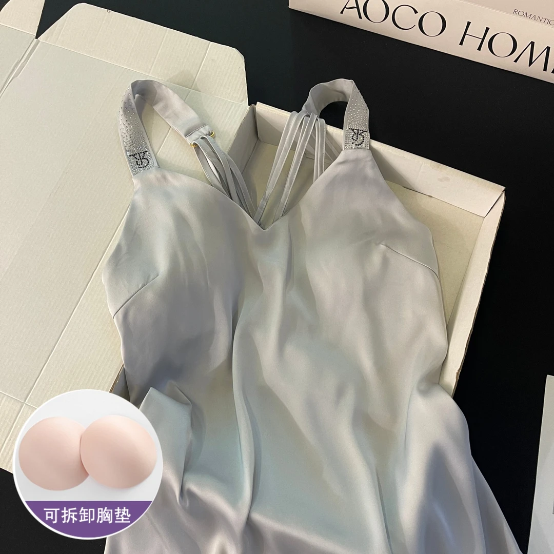 睡裙女夏季性感吊带冰丝睡衣2025新款带胸垫蓝色大码可外穿家居服