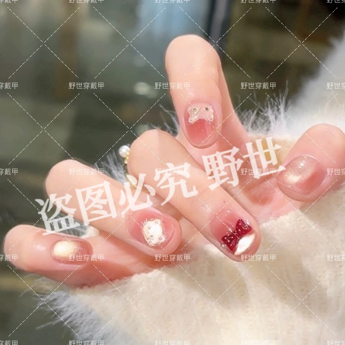 【招财猫】野世穿戴甲 酒红蝴蝶结立体小猫甜美少女感美甲