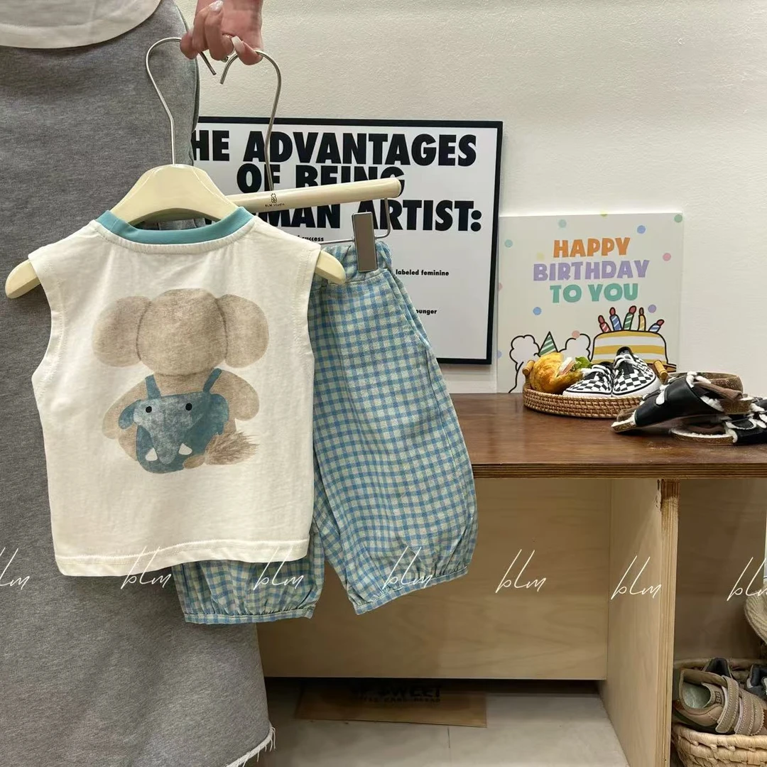 2025夏季新款儿童韩版爆款无袖坎肩蓝格休闲裤宽松套装