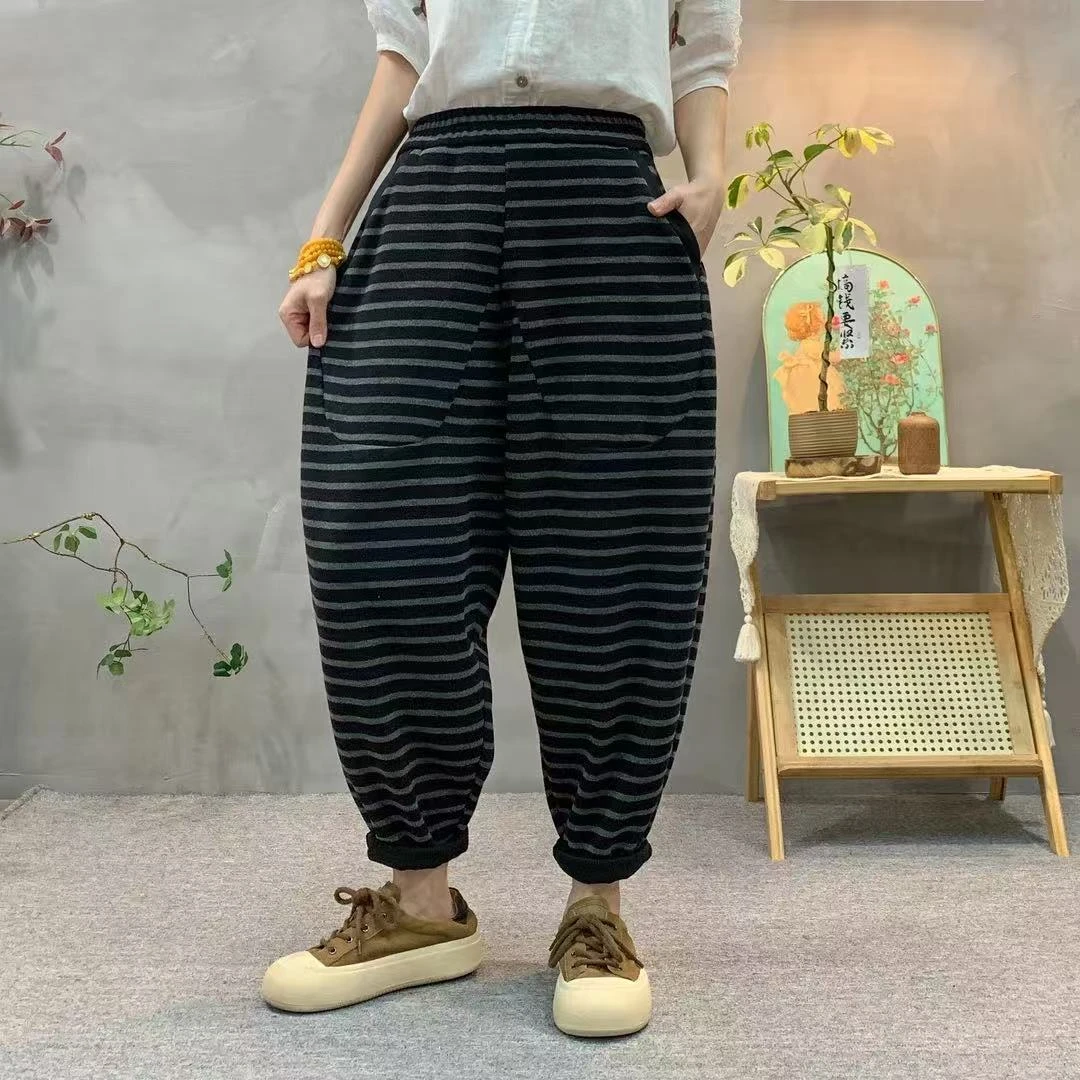 春季休闲裤条纹九分百搭拼接春季九分裤时尚百搭休闲显瘦哈伦裤