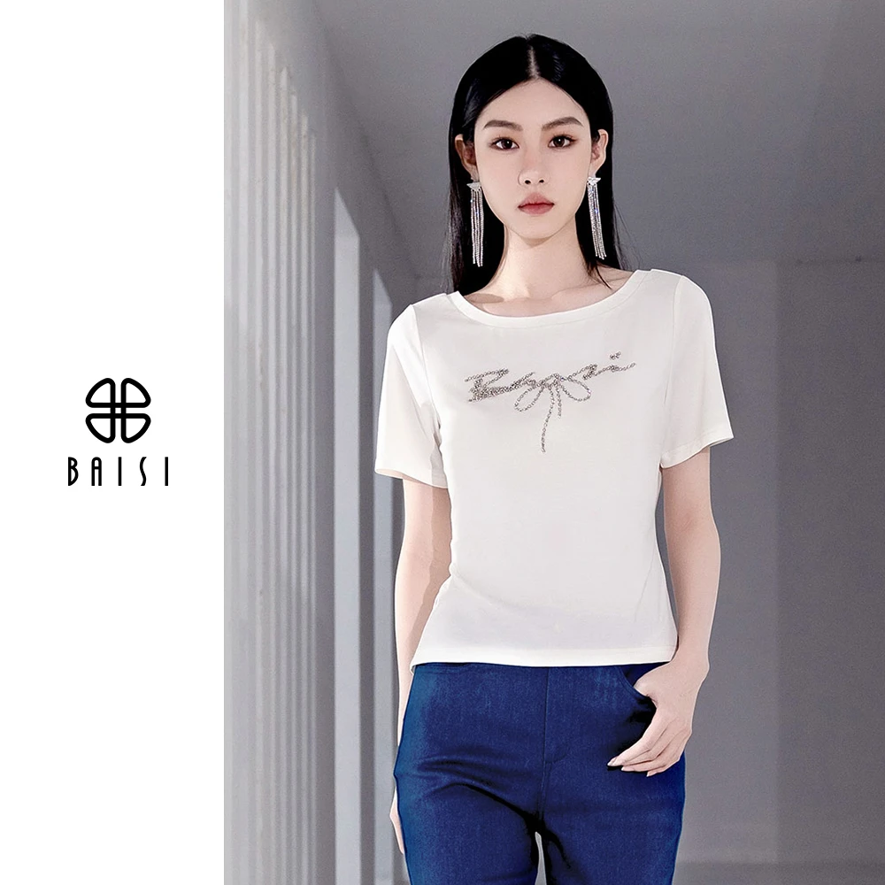 BAISI/百丝修身型显瘦休闲风T恤百搭春夏节宽松女士纯色简约半袖