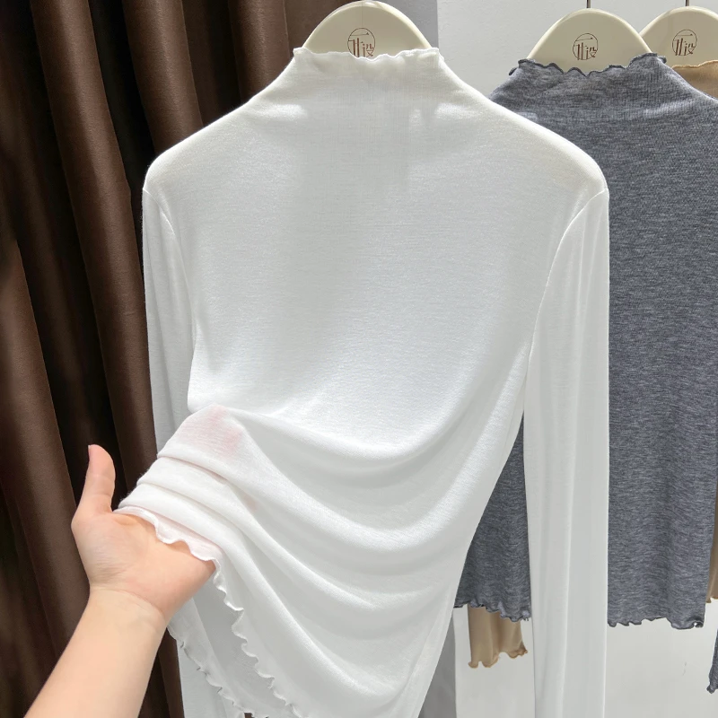 白色半高领时尚针织上衣女秋季新款木耳边设计T恤韩版长袖打底衫