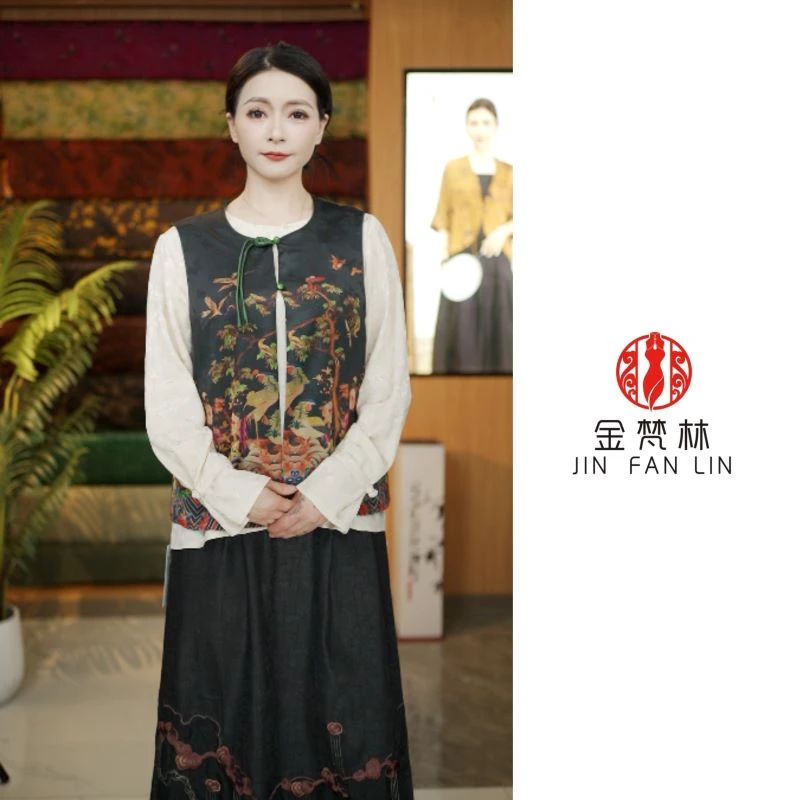 【松下海棠】国风新中式圆领纽扣提花定位印花马夹气质外套