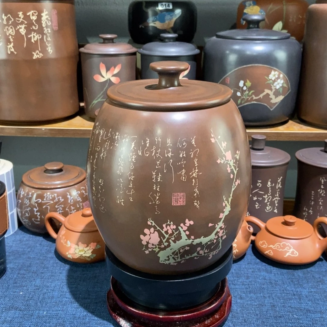 4建水紫陶手工精磨彩填醒茶罐