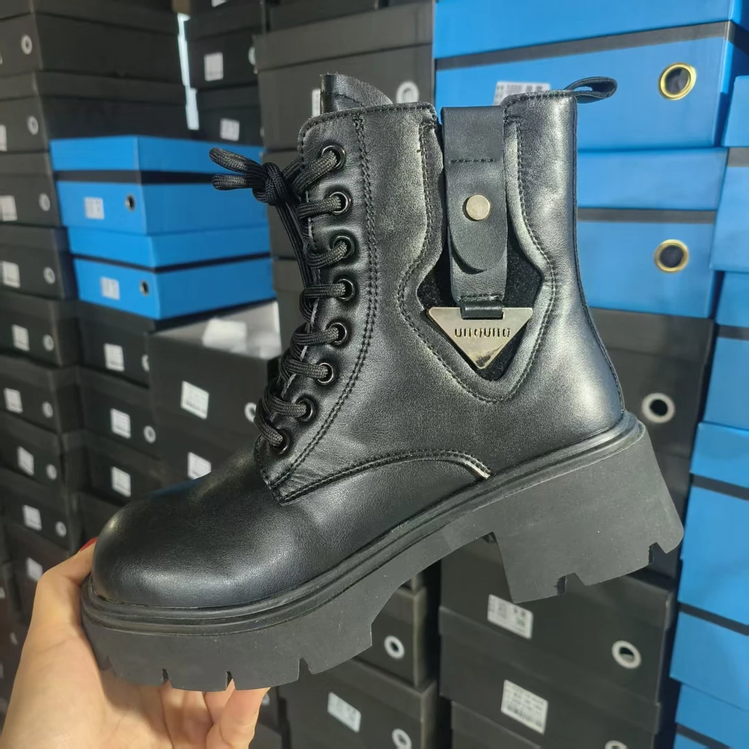 5887马丁靴女薄绒休闲风防水台极简风英伦风圆头秋系带侧拉链皮靴