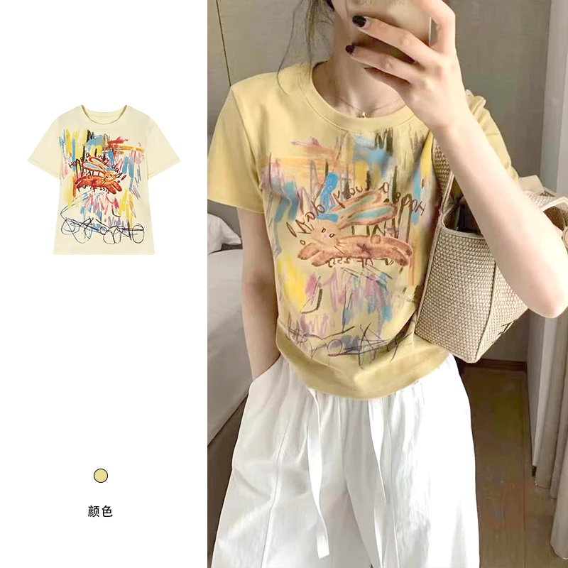现货【兔子涂鸦印花短袖t恤女简约百搭圆领上衣 H026】